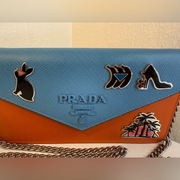 PRADA Saffiano Leather Wallet on Chain with Charms Blue/Orange - Picture 12 of 13